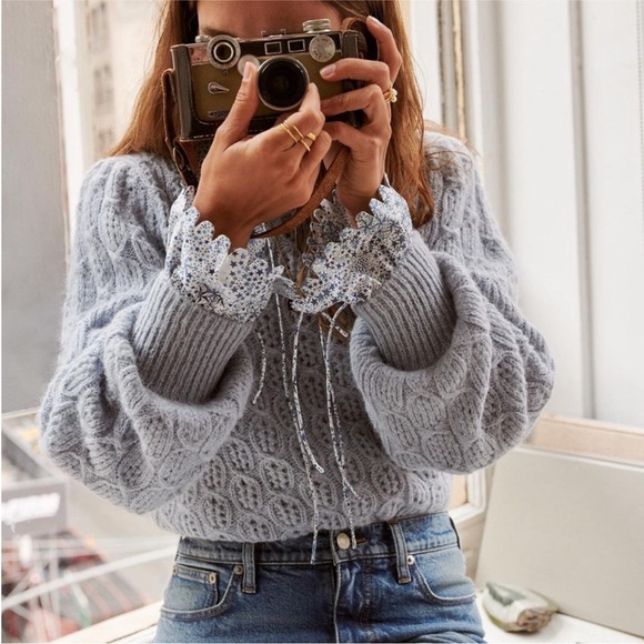 J. Crew Balloon Sleeve Cable Knit Sweater in Dusty Sky - M